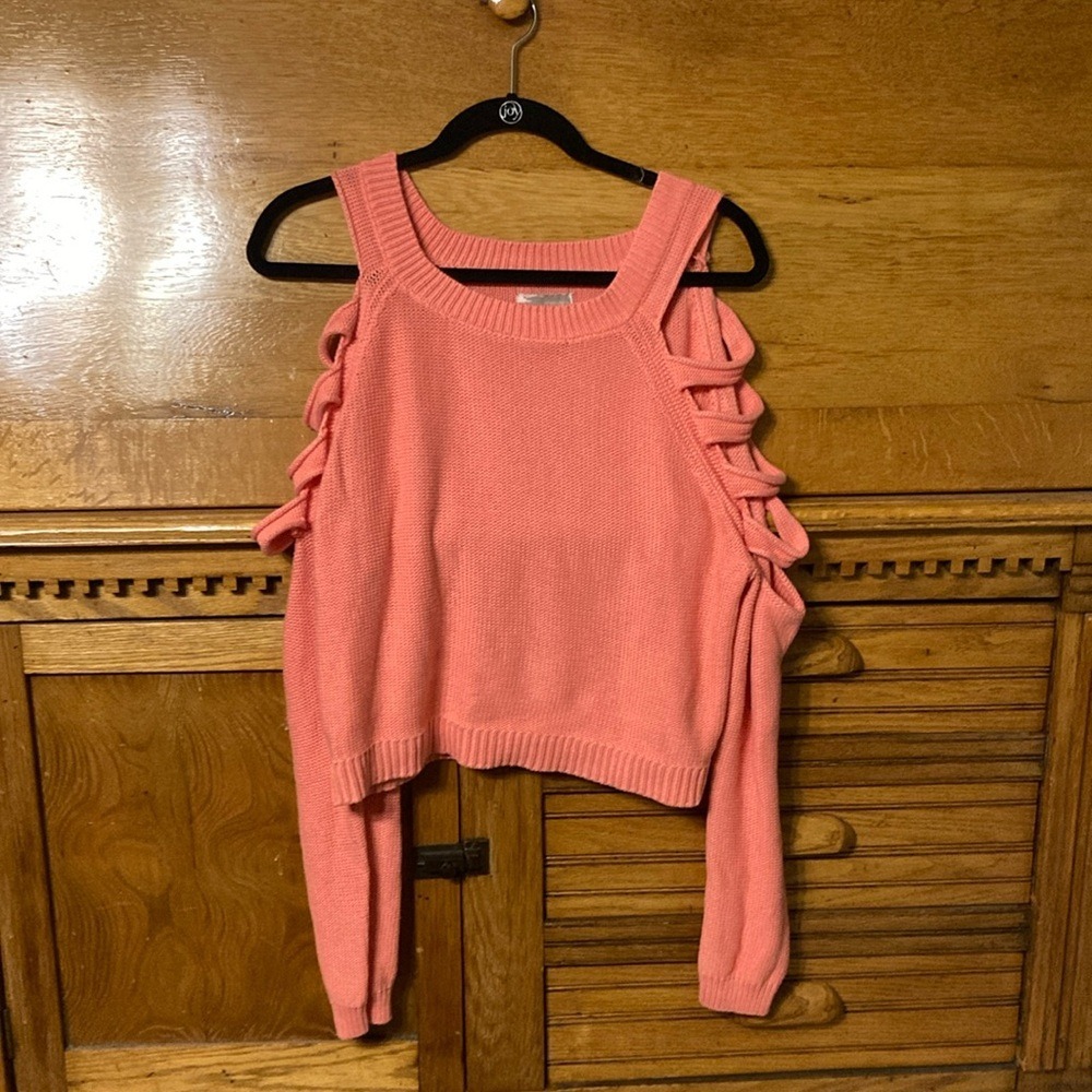 Forever 21 Contemporary Coquette Coral Pink‎ Cold Shoulder Ladder Knit Sweater